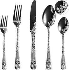 Floral Damask Rose Black Cutlery Set - 20 pcs - Includes 8 x 