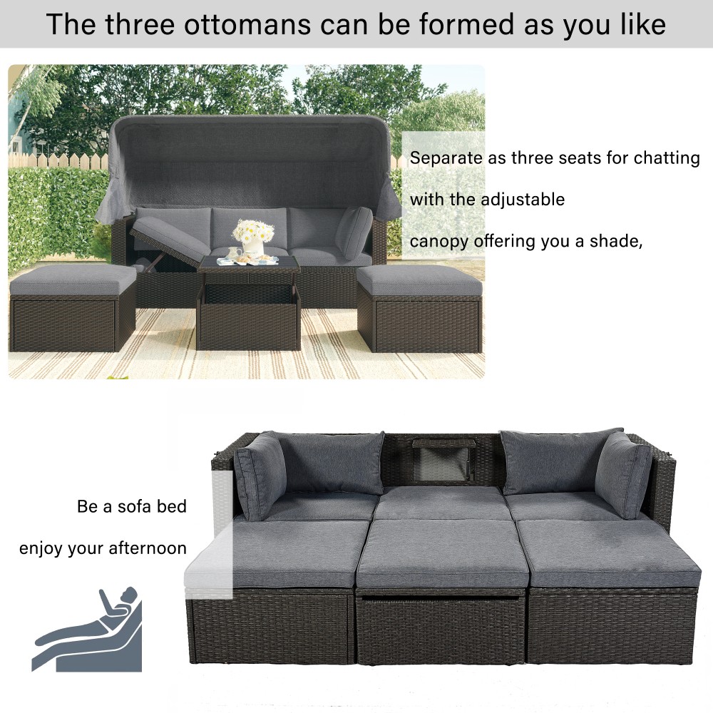  Outdoor Daybed Sectional Patio Furniture Wicker Conversation Set w/Ottoman