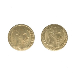 Lot of 2 Mexico 1865 1 Peso Low-Grade Gold Emperor Maximillion souvenir UNC.