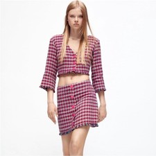 Zara Tweed Fringe Stylish Pink Houndstooth Cropped Blazer