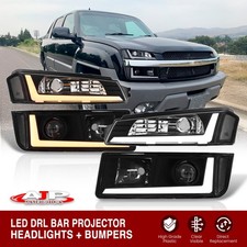 Black 4pc Led Drl Projector Head Lights Bumpers For 2002-2006 Chevy Avalanche