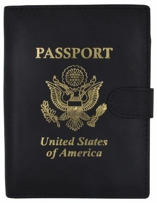 MARSHAL Leather Black Passport Holder Cover Case Wallet USA Embedded Logo Travel U.S Wal