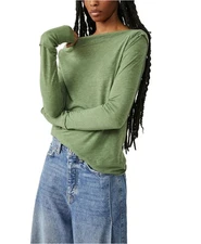 WE THE FREE Kimmi Tee Sz S Green Bee Raglan Sleeve Boat Neck Slub Cotton Blend