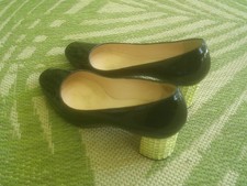 Kate Spade Danika Too Heels 6.5C Black Patent Leather Crystal Block Heel EUC