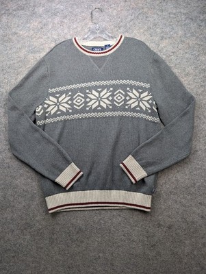 Chaps Sweater Mens Medium Gray Crew Neck Pullover Fair Isle Ski lodge Outdoors