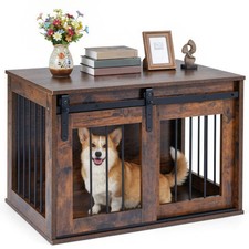 Dog Crate Furniture Heavy Duty Dog Kennel with Sliding Barn Door-Rustic Brown -