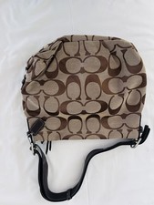 Coach Women's Brown Beige Canvas Logo Accent Shoulder Bag Designer Pattern