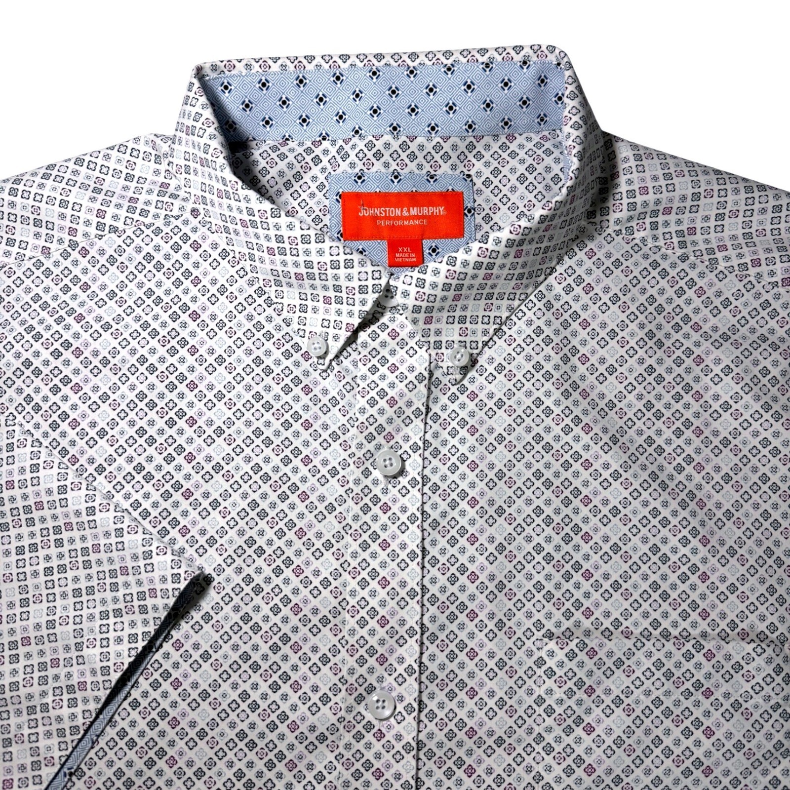 Johnston & Murphy Performance XXL Short Sleeve Button Down Shirt Geometric White
