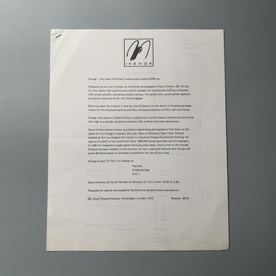 Seltene 1968 Ikenga GT Supercar Pressemappe - 3-seitige technische Daten & Harrods Debüt
