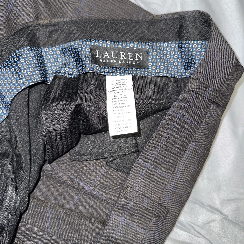 Pantalón Lauren Ralph Lauren Para Hombre 36x30 Marrón Cuadros Negro Etiqueta Plisado Foto 4 de 4