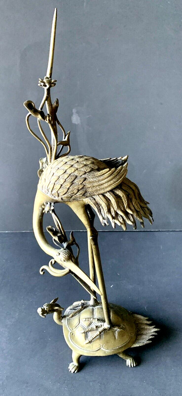 BIRD STANDING ON TORTOISE ANTIQUE BRONZE SCULPTURE STATUE 15" TALL
