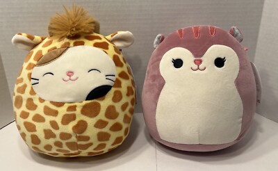 Squishmallows 8  Lot of 2 Allina Pink Squirrel &Cam Calico Cat In Giraffe Outfit