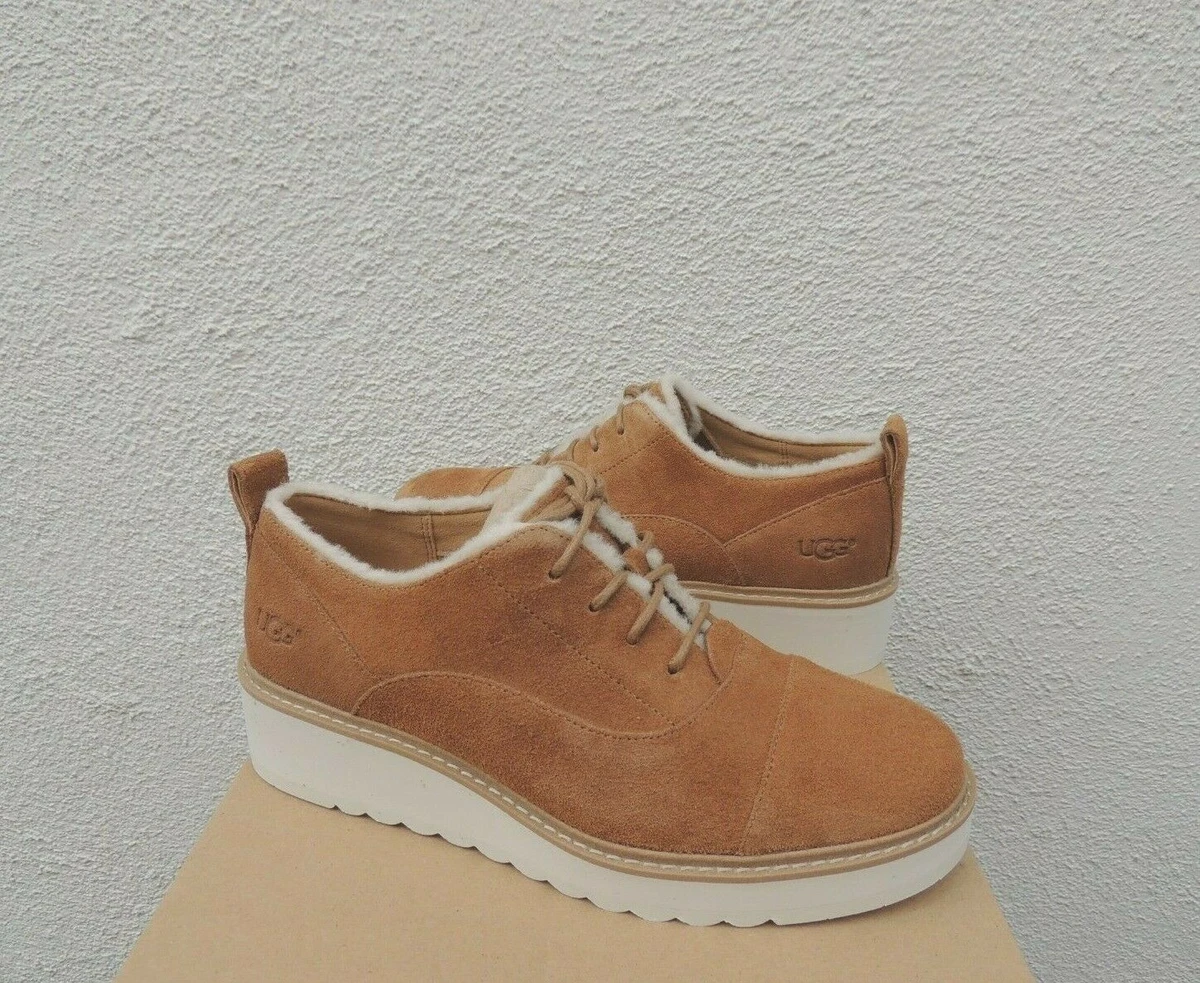 UGG JOHANNA SPILL SEAM CHESTNUT SUEDE OXFORD WEDGE LOAFERS US 8