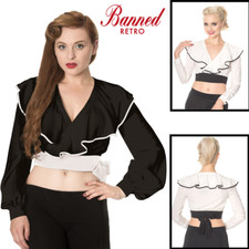 Banned Apparel Classy Dame 70s Vintage Wrap Tie Up Ruffle Long Sleeve Crop Top 