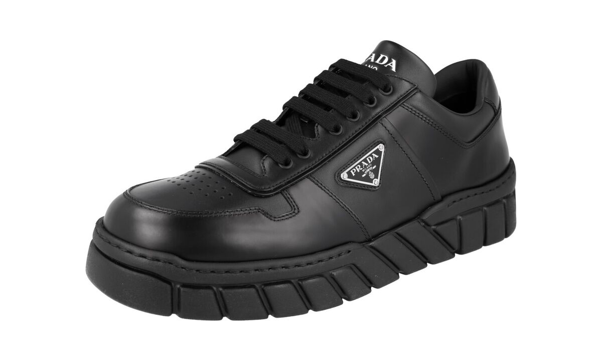 PRADA LOGO PLAQUE SNEAKERS SHOES 2EE378 BLACK LEATHER NEW US PRADA LOGO PLAQUE SNEAKERS SHOES 2EE378 BLACK LEATHER NEW US