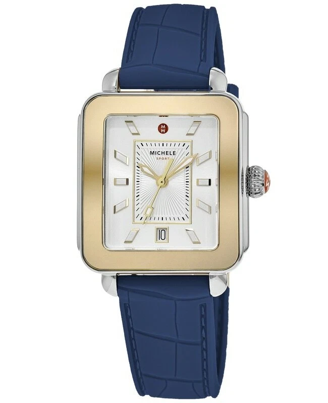 New Michele Deco Sport Silver Dial Navy Silicone Women s Watch MWW06K000045