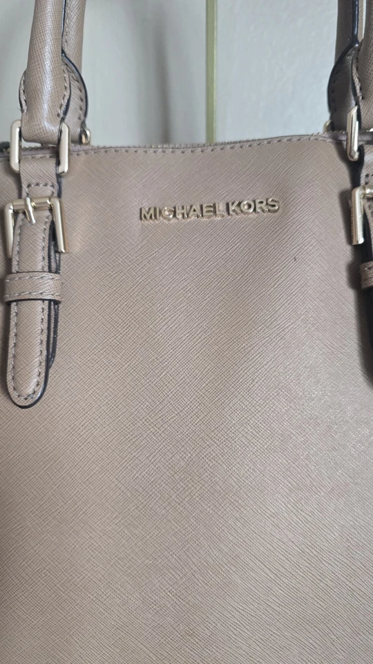 Michael Kors Large Saffiano Leather Satchel Tote Shoulder Bag Crossbody Tan MK - Image 4 of 4