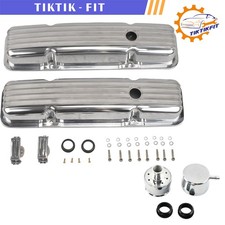 Polished Finned Short Valve Covers Breather Combo For 58-86 Sbc Chevy 350