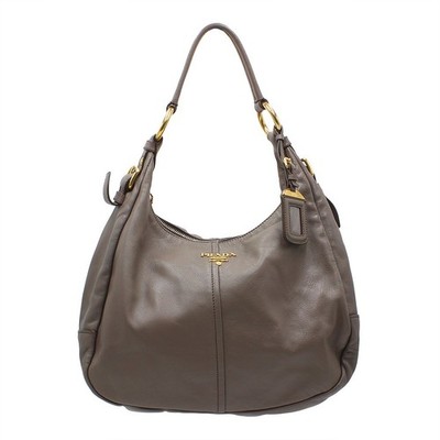 PRADA Leather Shoulder Bag Hobo Grege GHW Y2985