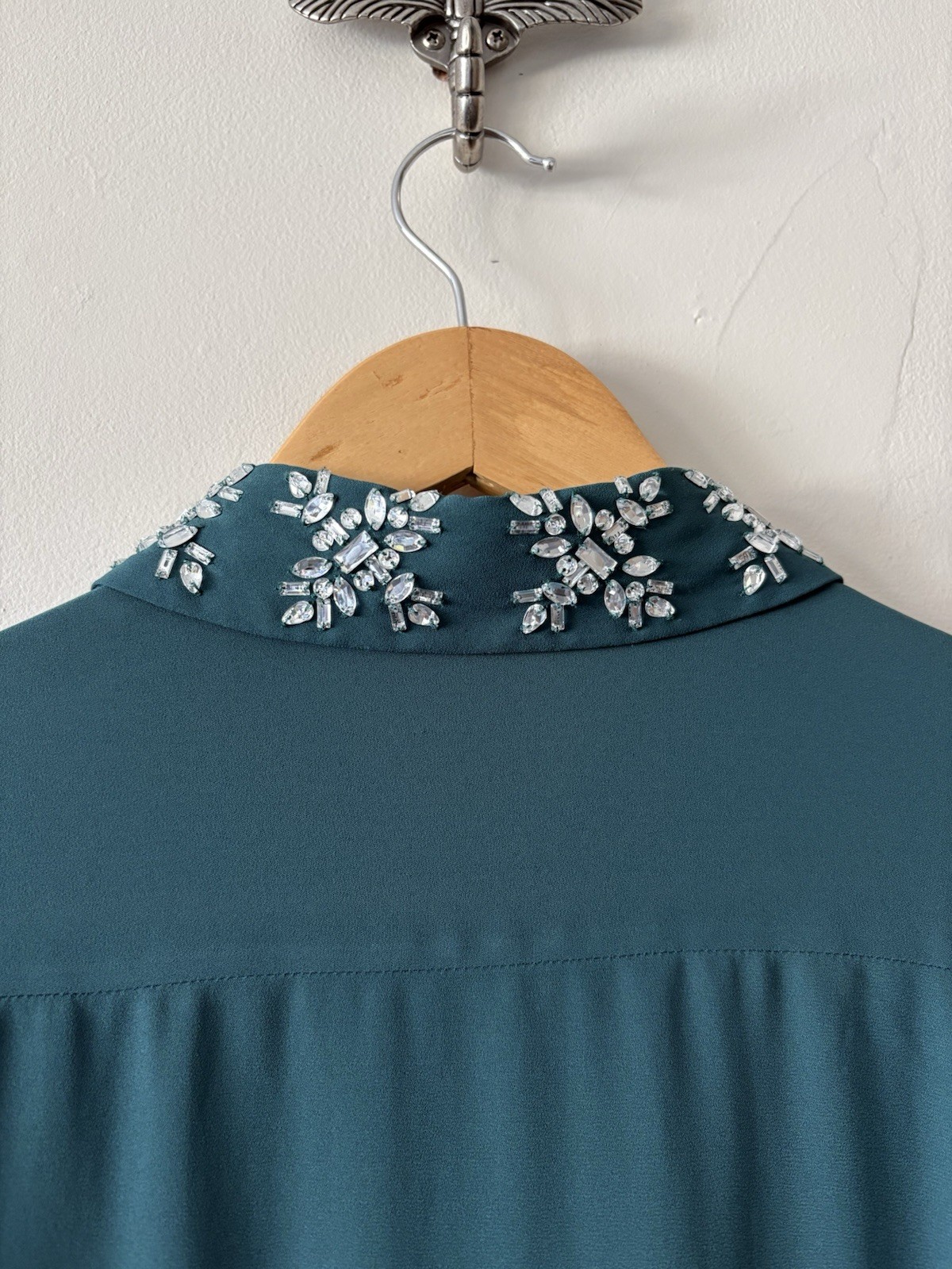 M&S Bottle Green Emerald Sheer Crystal Collar Blouse Size 14 Party Evening Xmas image 10