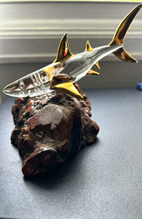 Shark Figurine glass Sculpture on Base Silver Tone with Gold Tone Fins