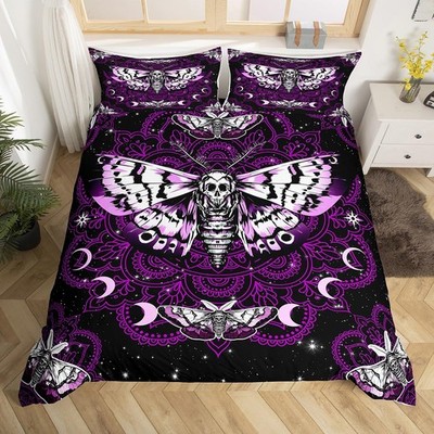 Moth Skull Bedding Set Queen Size,Gothic Butterfly Skeleton Duvet Cover Set f...