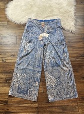 Johnny Was Pants 2XL Blue Denim Print Silk Lauchlen Wide Leg Bohochic NWT 295
