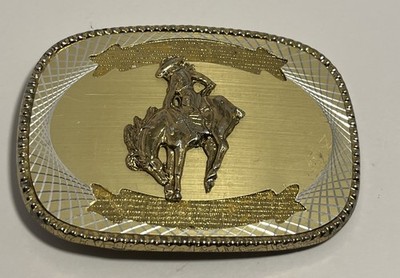 Vintage Gold Bucking Bronco Dual Gold Banners Hatch Etching Edge Belt Buckle