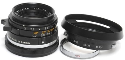 Leica M Leitz Canada Summicron 2/35mm lens black w. matching hood 12504