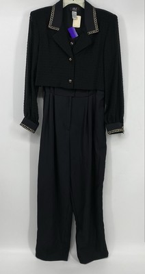 J.S.J. Black Pantsuit Attached Jacket Long Sleeve Gold Size 12 P vintage NWT