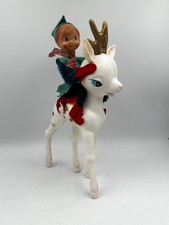Vtg Christmas Pixie Riding Reindeer Chenille Limbs Elf Knee Hugger MCM Kitschy