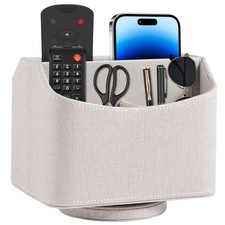 Beige Leather Remote Control Holder 360 Spinning Desk Rotating Caddy Box