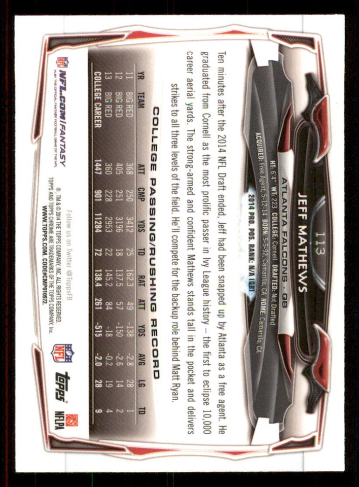 2014 Topps Chrome Blue Wave Refractors #113 Jeff Mathews - Image 2 of 2