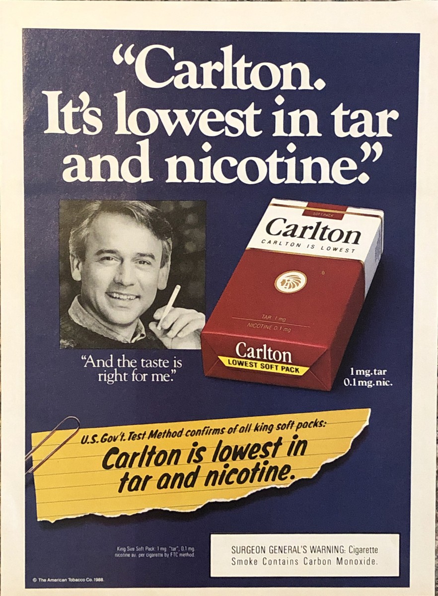 PRINT AD 1988 Carlton Cigarettes Lowest Tar Nicotine- The Taste Is Right  For Me