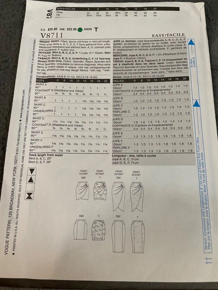 Vogue Patterns V8711 Womens Fitted Skirt Mock Wrap Options AA 6 8 10 12 Uncut - Image 2 of 4