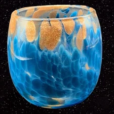 Vintage Art Glass Mottled Blue Copper Glitter Votive Candle Holder 4”T 3.75”W