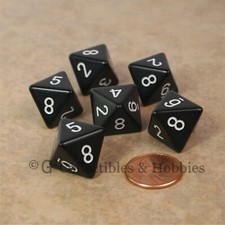 NEW Set of 6 Black w/ White Numbers RPG D D Gaming Eight Sided Dice Chessex D8s