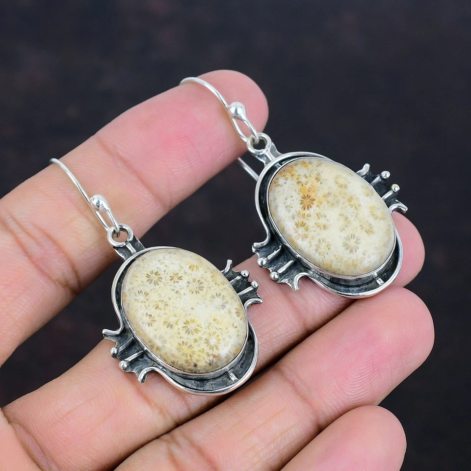 Venta de San Valentín 925 Plata Natural Fósil Coral Moda Pendientes Colgantes Joyería Foto 3 de 4