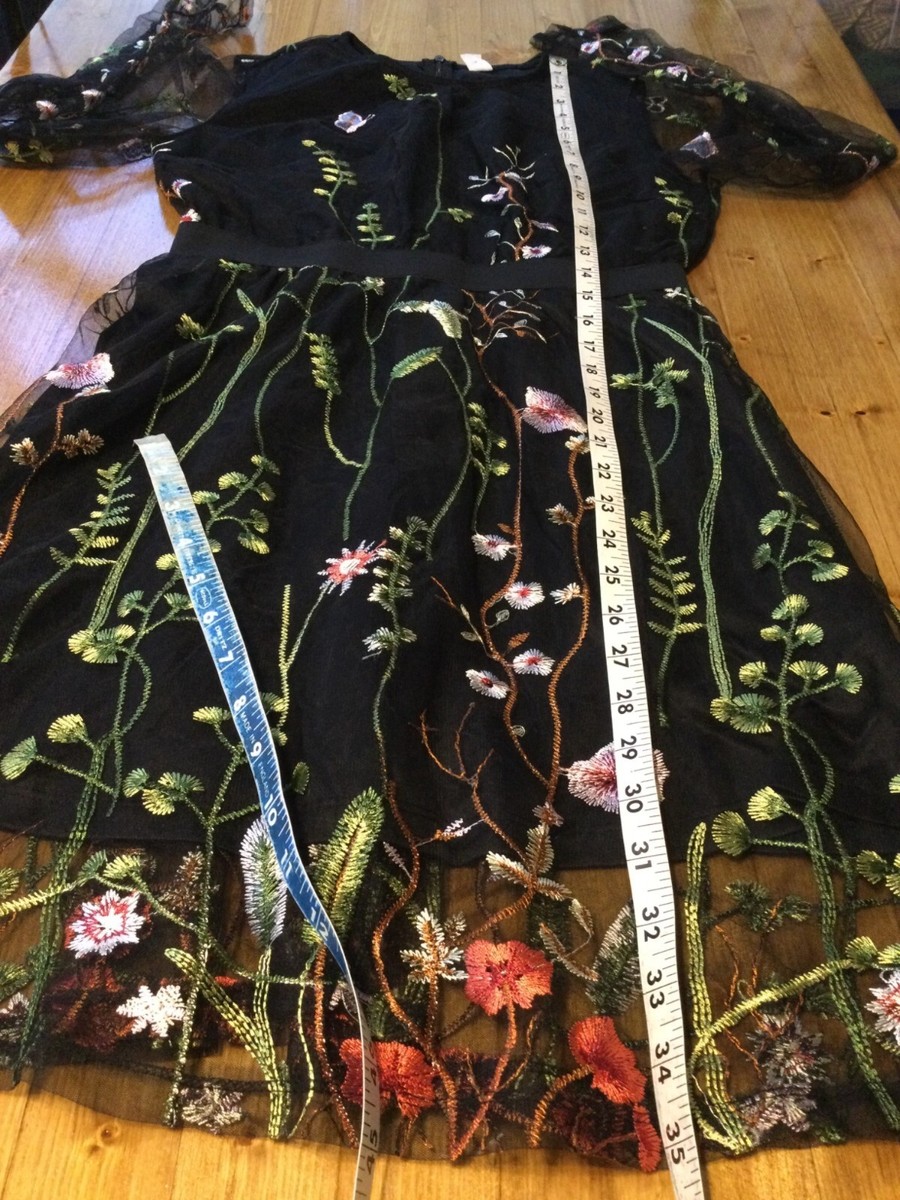 Black Floral Embroidered Dress Size M Long Mesh Sleeves Whimsigoth  Fairygrunge