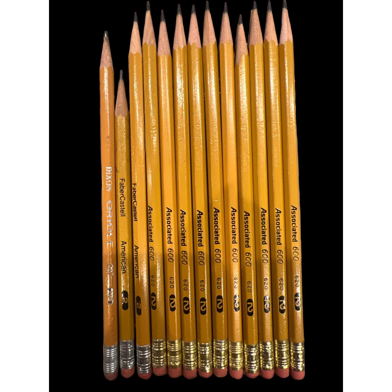Lot of 13 Mix Sharpened Used No2 Yellow Pencils, Assoc 600, Dixon, FaberCastell