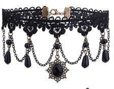 Gothic Victorian Black Lace Choker Necklace Tassel Chain Steampunk NWT 5449
