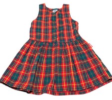 Vintage OSHKOSH B  GOSH Girls Red/Green/Yellow Paid Cotton Dress USA Sz 4