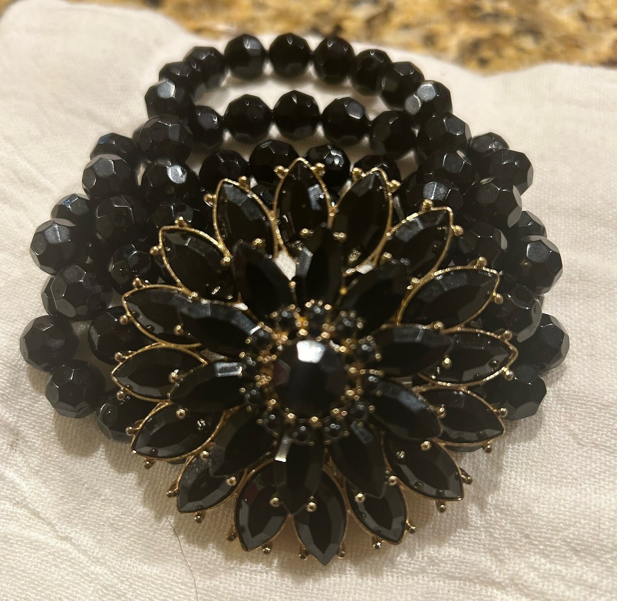 Elegant Black and Gold Beaded Bracelet Gold Cross Black Beaded Bracelet Set | Ebru Jewelry main image 2