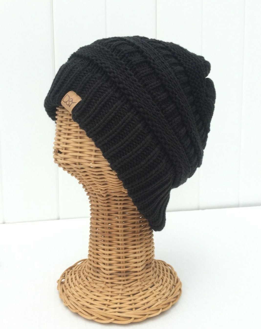 Beanie Hat New Soft Stretch Knit Thick Baggy Cap Unisex Solid Color Black # L-image