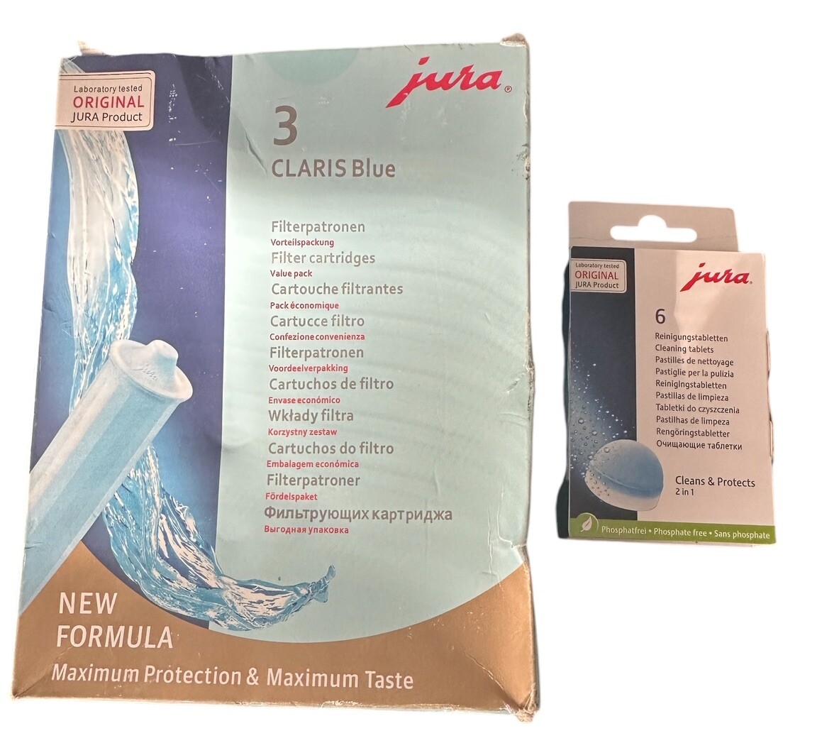 3 Pack Genuine Jura Claris Blue Water  Filters and Jura Cleaning Tablets 6 Pack