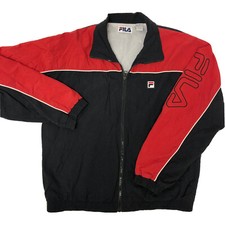 Vtg 90's Fila Black Red Nylon SPELLOUT Logo Track Warm Up Jacket Windbreaker M