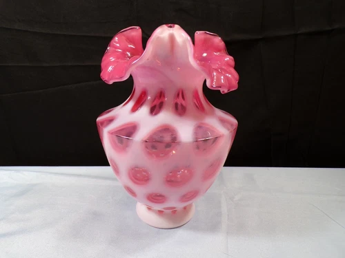Fenton Cranberry Opalescent Glass Coin Dot Vase 7" Tall