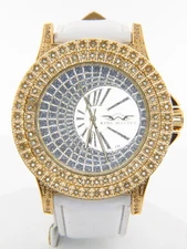 King Master Men's CZ Stone Gold-tone Stainless Steel Leather Watch