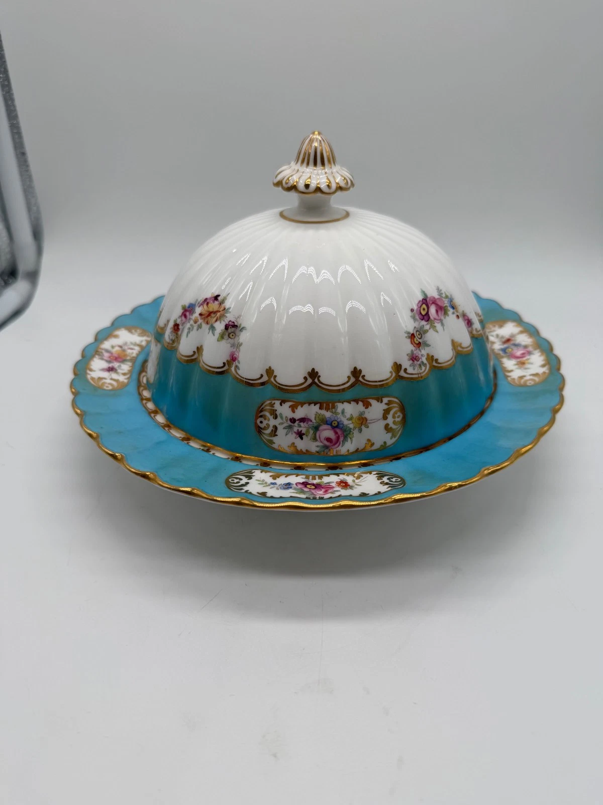 Antique Likely English Porcelain Butter Dish Light Blue & Floral Swag Decoration