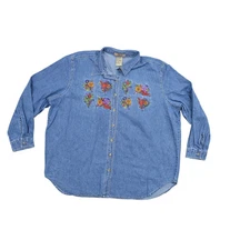Just My Size Blue Button-Up Denim Floral Embroidered Cotton Top Plus Size 22/24